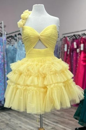 Light Yellow One Shoulder Keyhole Ruffle Homecoming Dress