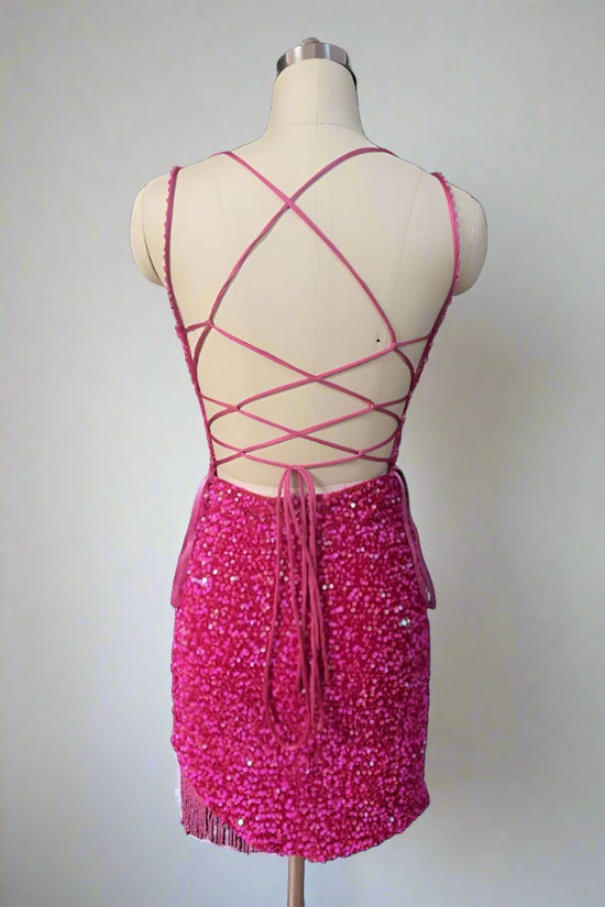 Hot Pink Sequin Bodycon Homecoming Dress with Lace-up