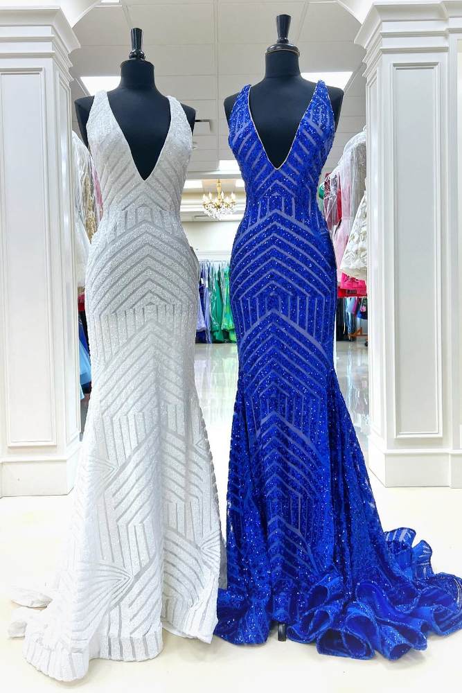 Royal Blue V-Neck Sequin Long Mermaid Prom Dress