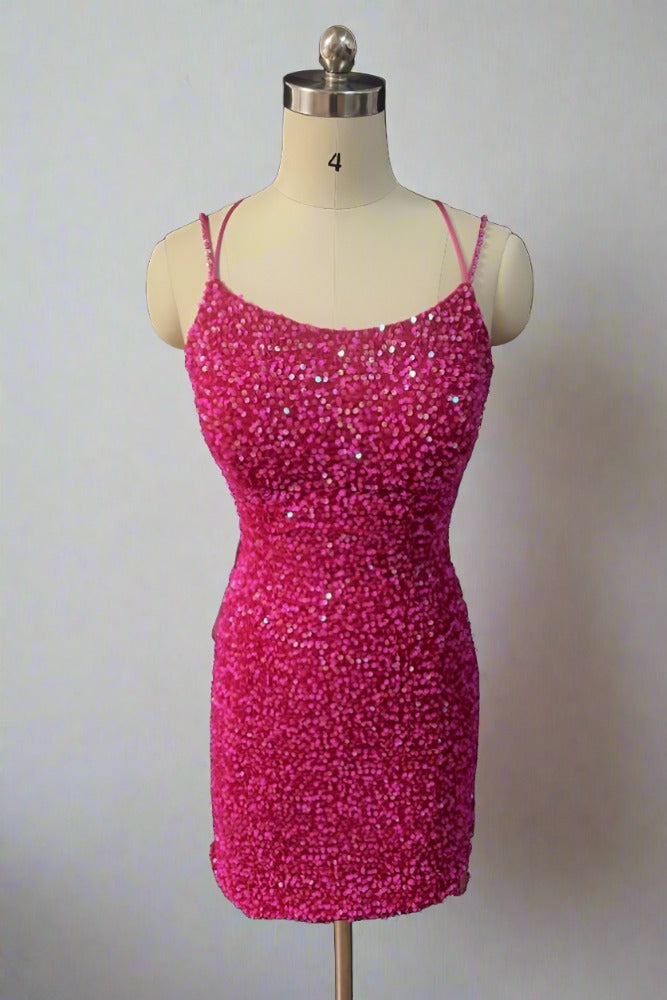 Hot Pink Sequin Bodycon Homecoming Dress with Lace-up