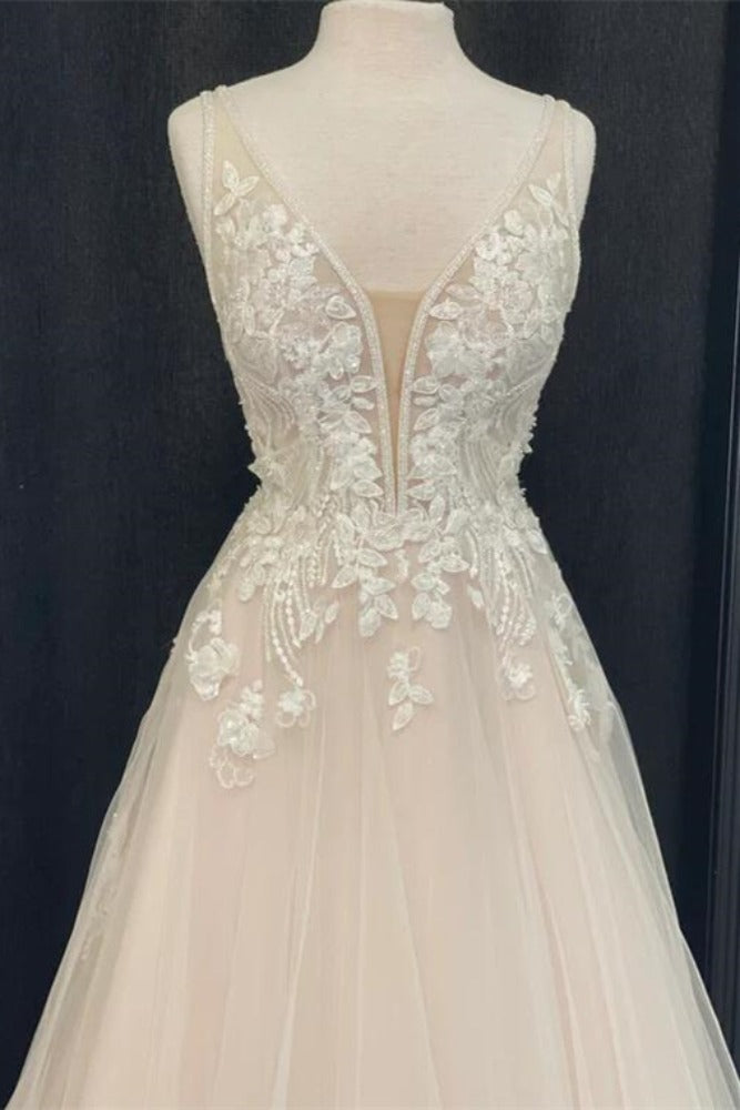 Ivory V-Neck Applique A-Line Tulle Wedding Dress