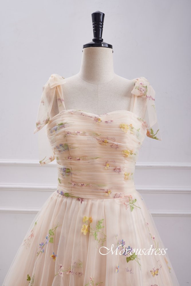 Champagne Embroidery A-Line Homecoming Dress with Bow Tie Straps