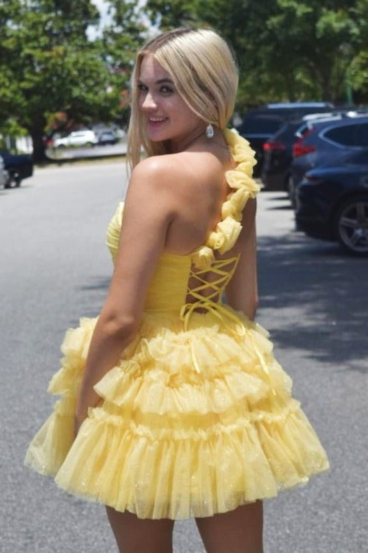 Light Yellow One Shoulder Keyhole Ruffle Homecoming Dress