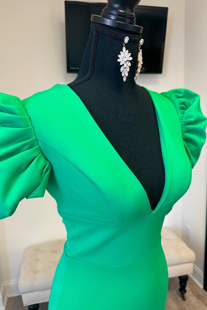 Green V-Neck Puff Sleeves Mermaid Prom Dress with High Slit