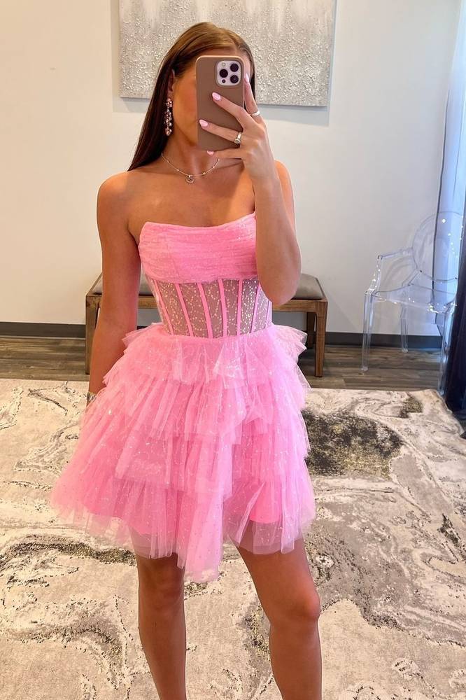 Strapless Pink A-Line Tiered Tulle Homecoming Dress