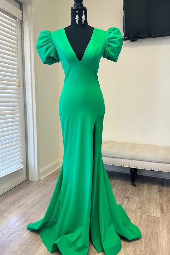 Green V-Neck Puff Sleeves Mermaid Prom Dress with High Slit