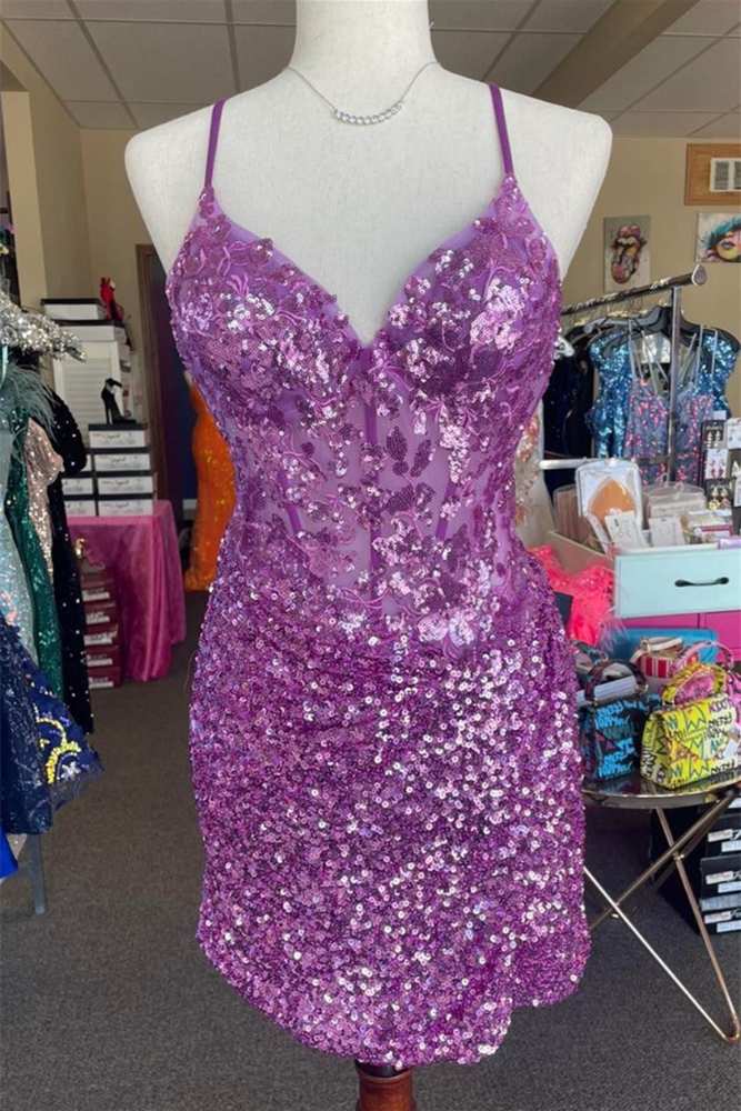 Purple Straps Boned Pleated Sequin Homecoming Dress