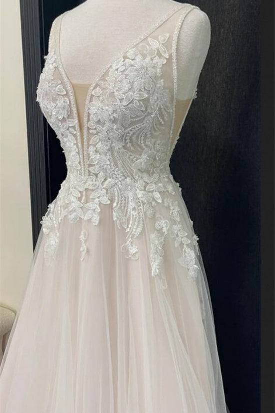 Ivory V-Neck Applique A-Line Tulle Wedding Dress