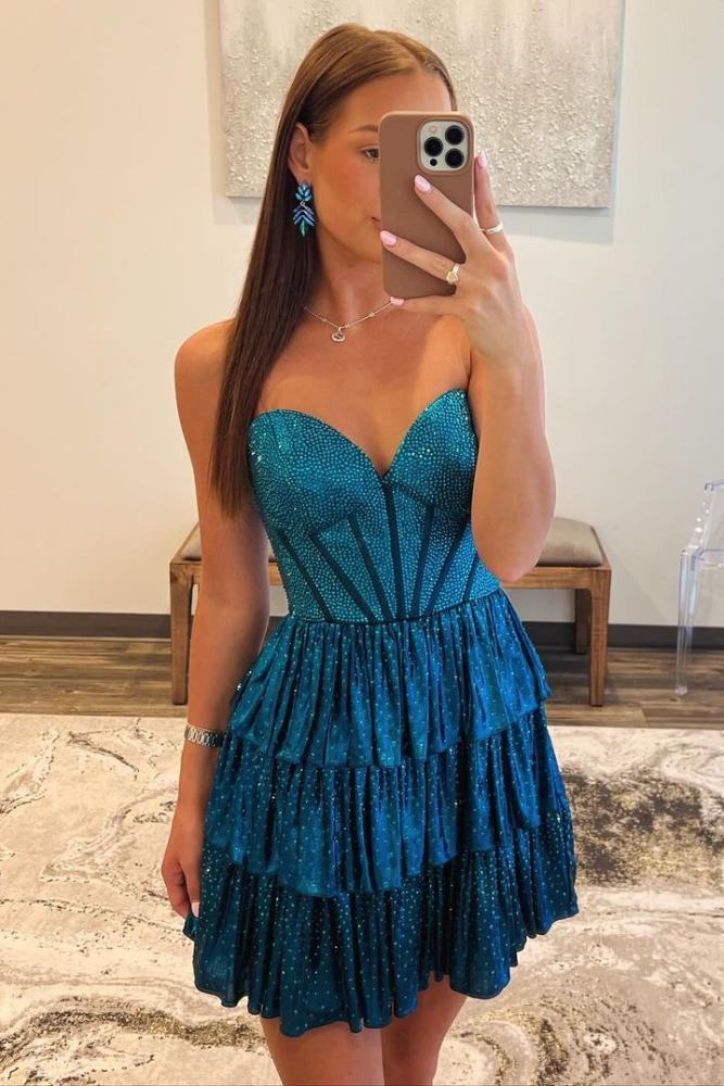 Strapless Ombre Blue Beaded A-Line Ruffle Homecoming Dress