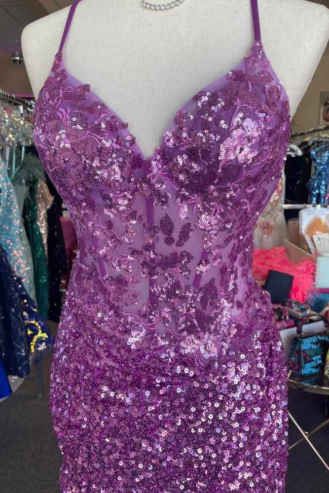 Purple Straps Boned Pleated Sequin Homecoming Dress