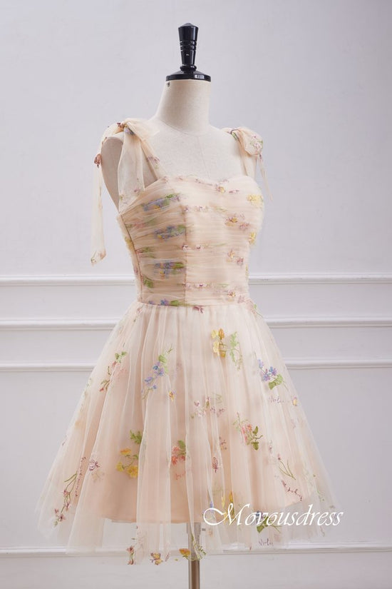 Champagne Embroidery A-Line Homecoming Dress with Bow Tie Straps