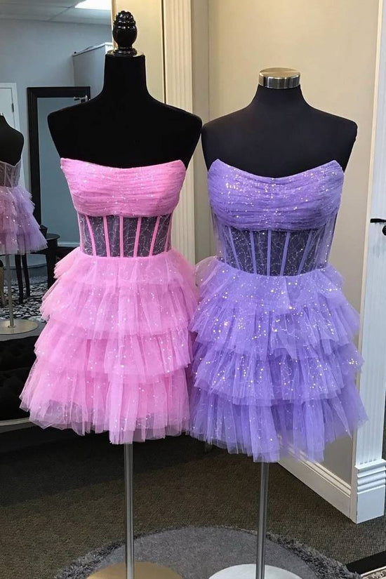 Strapless Pink A-Line Tiered Tulle Homecoming Dress