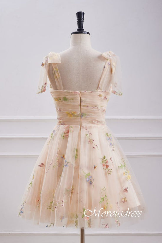 Champagne Embroidery A-Line Homecoming Dress with Bow Tie Straps