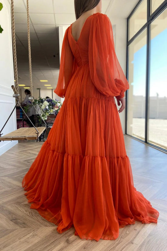 Sexy A-Line Low V-Neck Long Sleeves Tulle Prom Dress