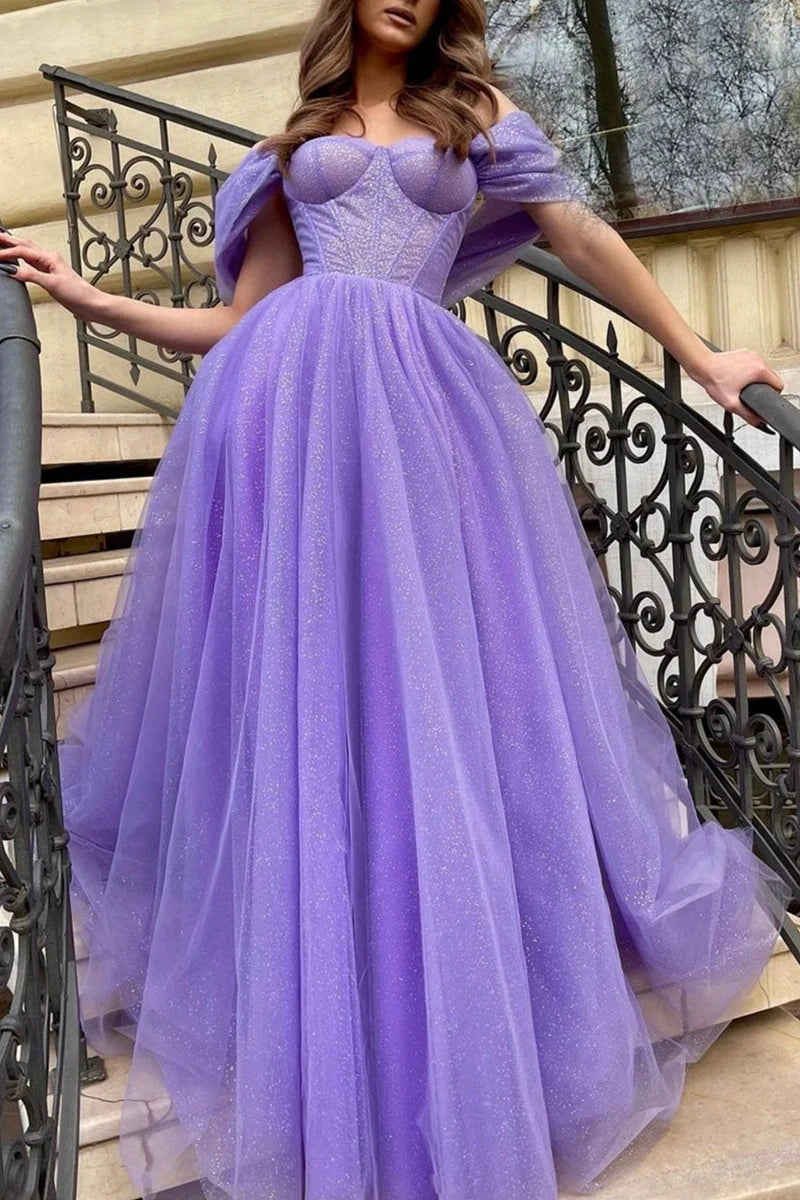 Cute Tulle A-Line Sweetheart Off-Shoulder Glitter Long Prom Dress