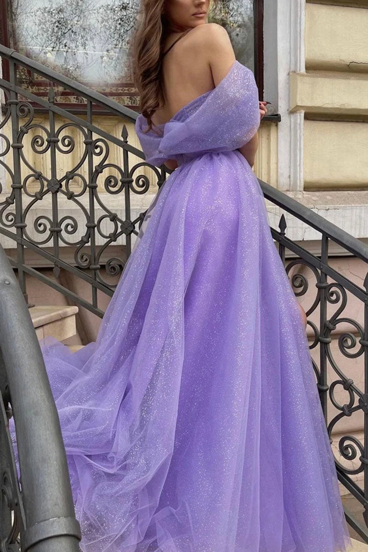 Cute Tulle A-Line Sweetheart Off-Shoulder Glitter Long Prom Dress