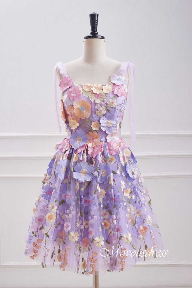 Lavender Embroidery A-Line Homecoming Dress with Bow Tie Straps