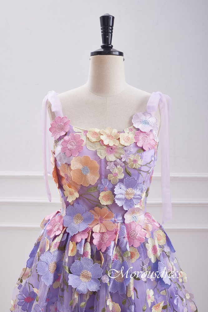 Lavender Embroidery A-Line Homecoming Dress with Bow Tie Straps