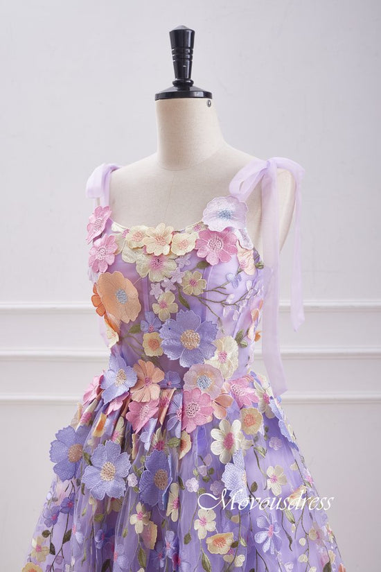 Lavender Embroidery A-Line Homecoming Dress with Bow Tie Straps