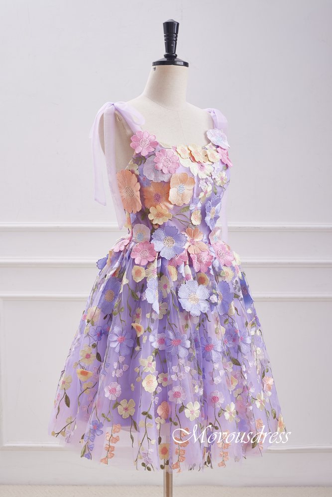 Lavender Embroidery A-Line Homecoming Dress with Bow Tie Straps