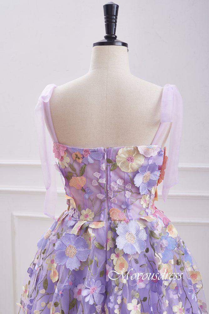 Lavender Embroidery A-Line Homecoming Dress with Bow Tie Straps