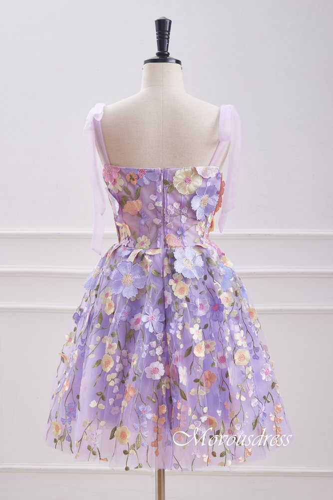 Lavender Embroidery A-Line Homecoming Dress with Bow Tie Straps