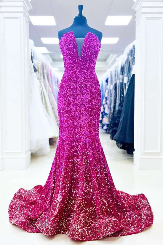 Strapless Fuchsia Plunging Neck Sequin Mermaid Long Prom Dress