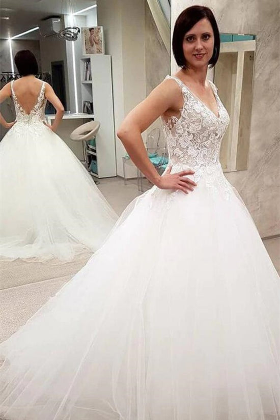 Ivory Straps Applique A-Line Tulle Wedding Dress