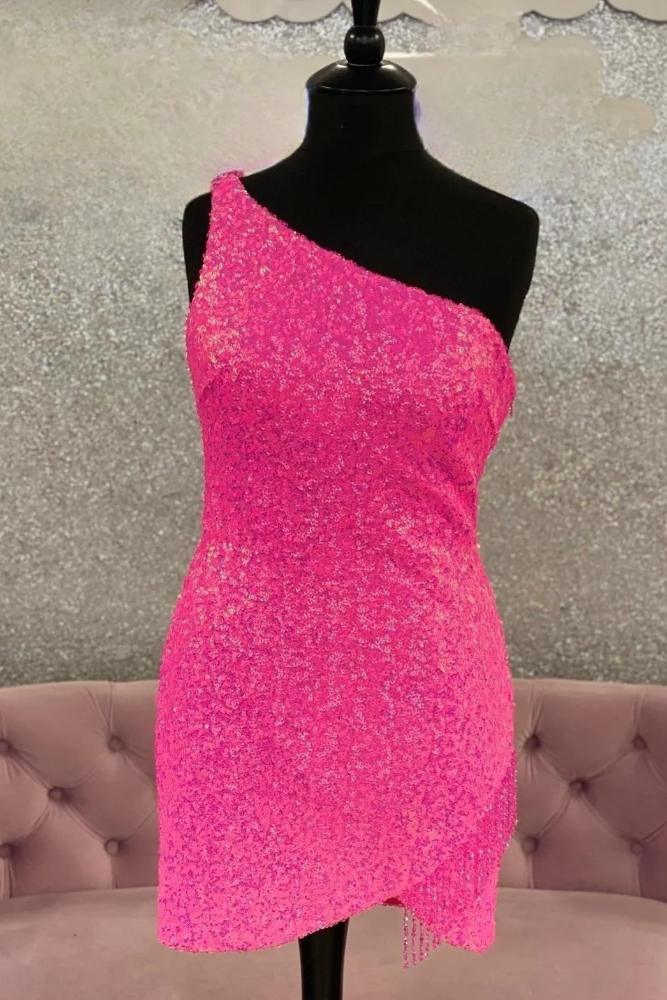 Hot Pink One Shoulder Sequin Homecoming Dress with Tasse