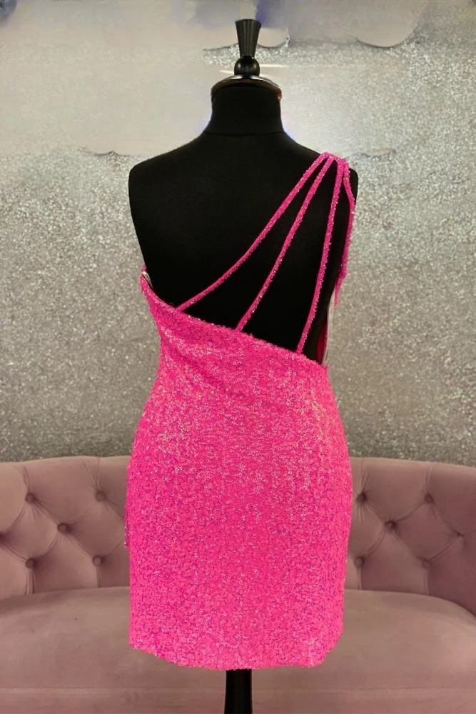 Hot Pink One Shoulder Sequin Homecoming Dress with Tasse