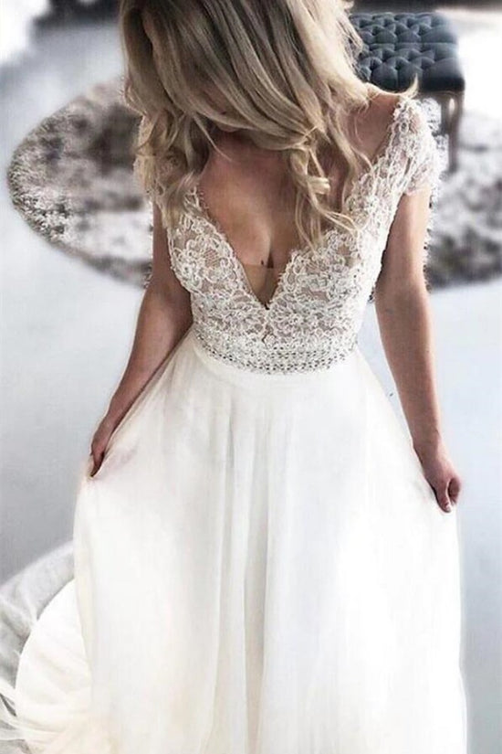 Ivory Cap Sleeves Tulle Long Wedding Dress