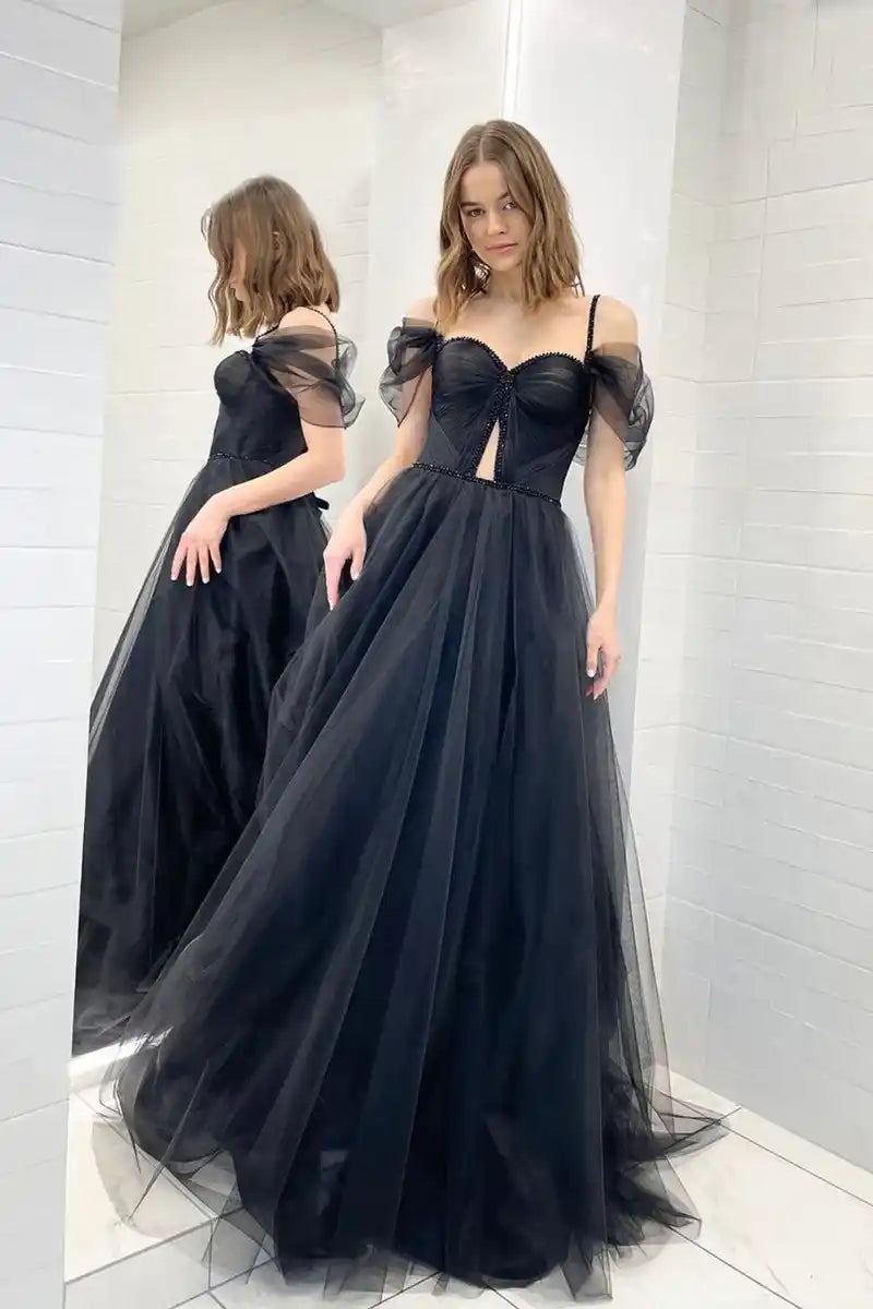 Sweetheart Off-Shoulder Empire Tulle A-Line Long Prom Dress