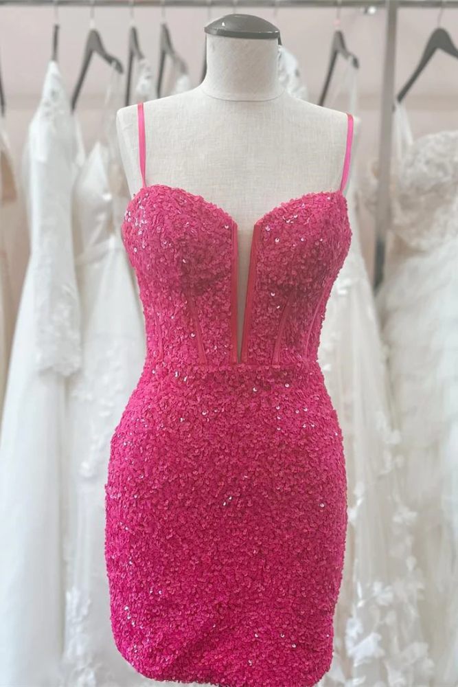 Hot Pink Spaghetti Straps Sequin Bodycon Homecoming Dress