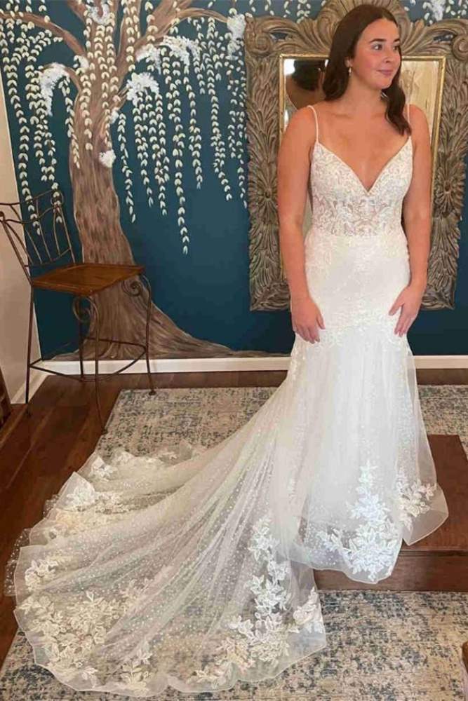 Ivory Spaghetti Straps Beaded Mermaid Bridal Dress