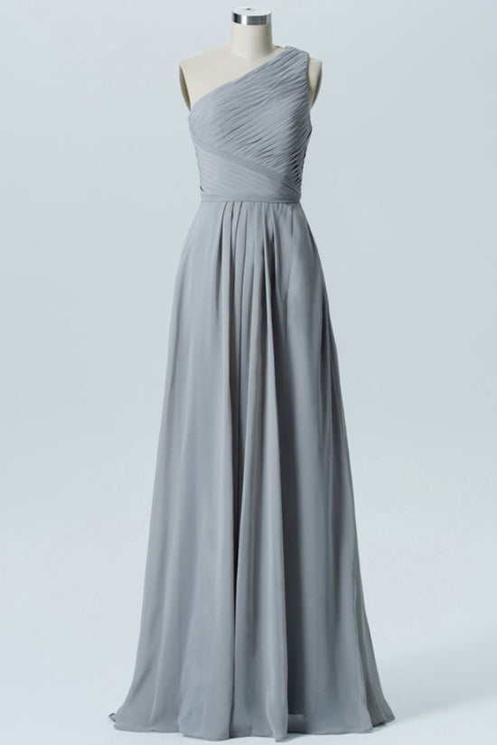 Gray One Shoulder Chiffon Long Bridesmaid Dress