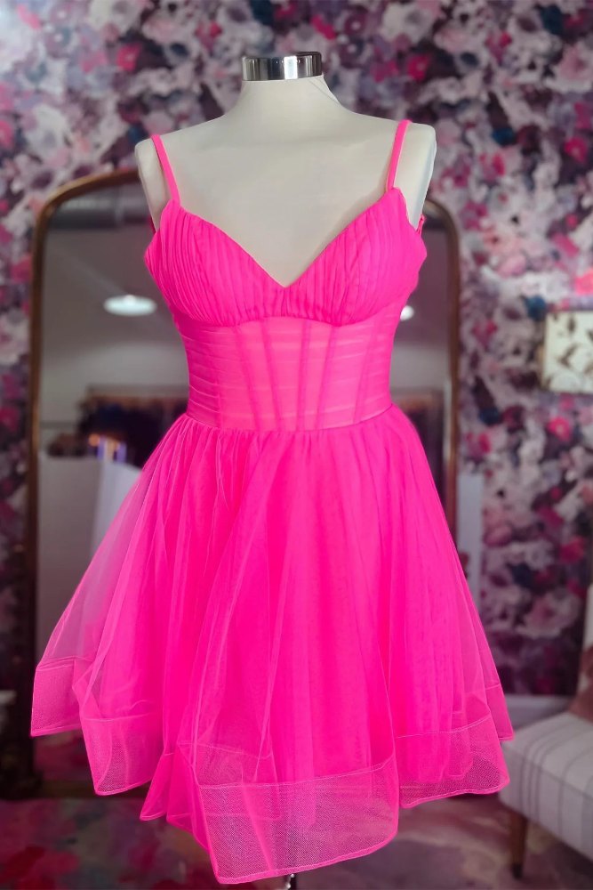 Hot Pink V-Neck Corset A-line Tulle Homecoming Dress