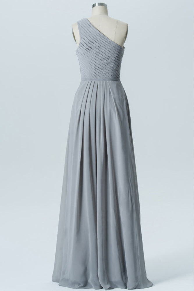 Gray One Shoulder Chiffon Long Bridesmaid Dress