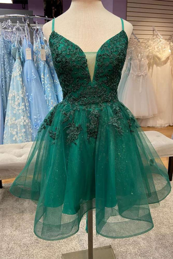 Hunter Green V-Neck Ruffle A-line Homecoming Dress