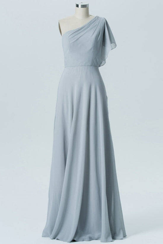 Dusty Blue One Shoulder Flutter Sleeves Bridesmaid Dress