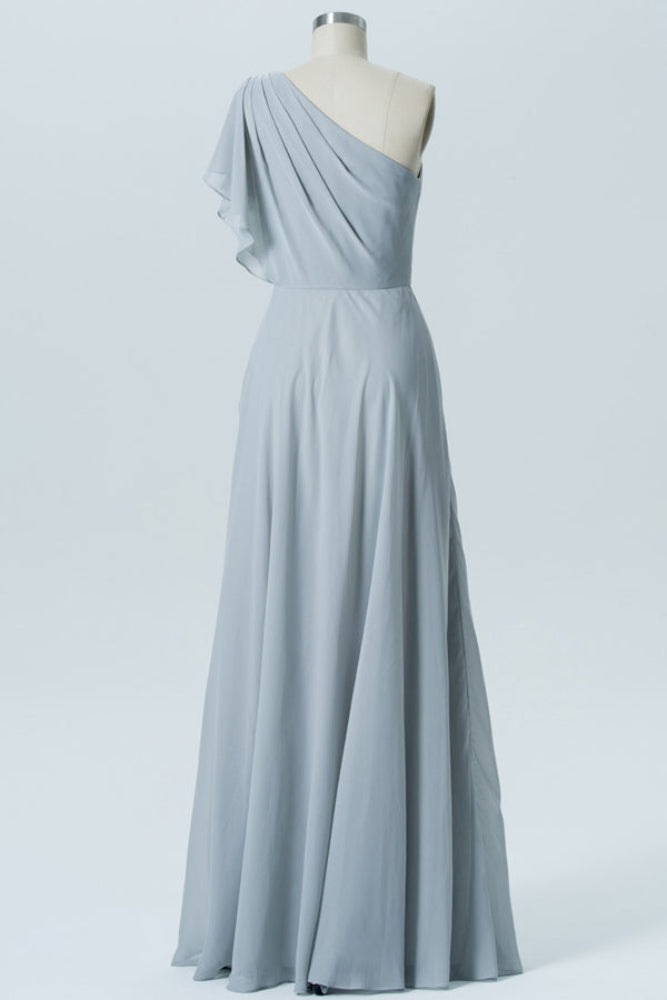 Dusty Blue One Shoulder Flutter Sleeves Bridesmaid Dress