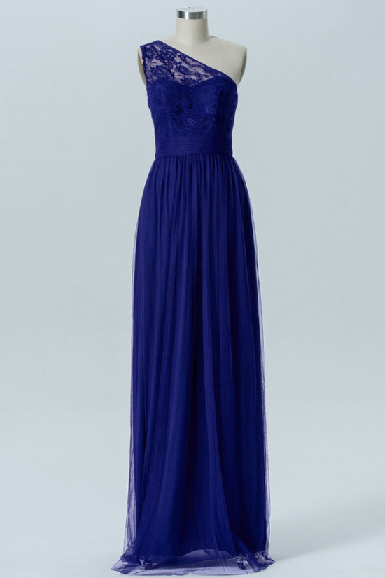 Purple One Shoulder Lace Long Bridesmaid Dress