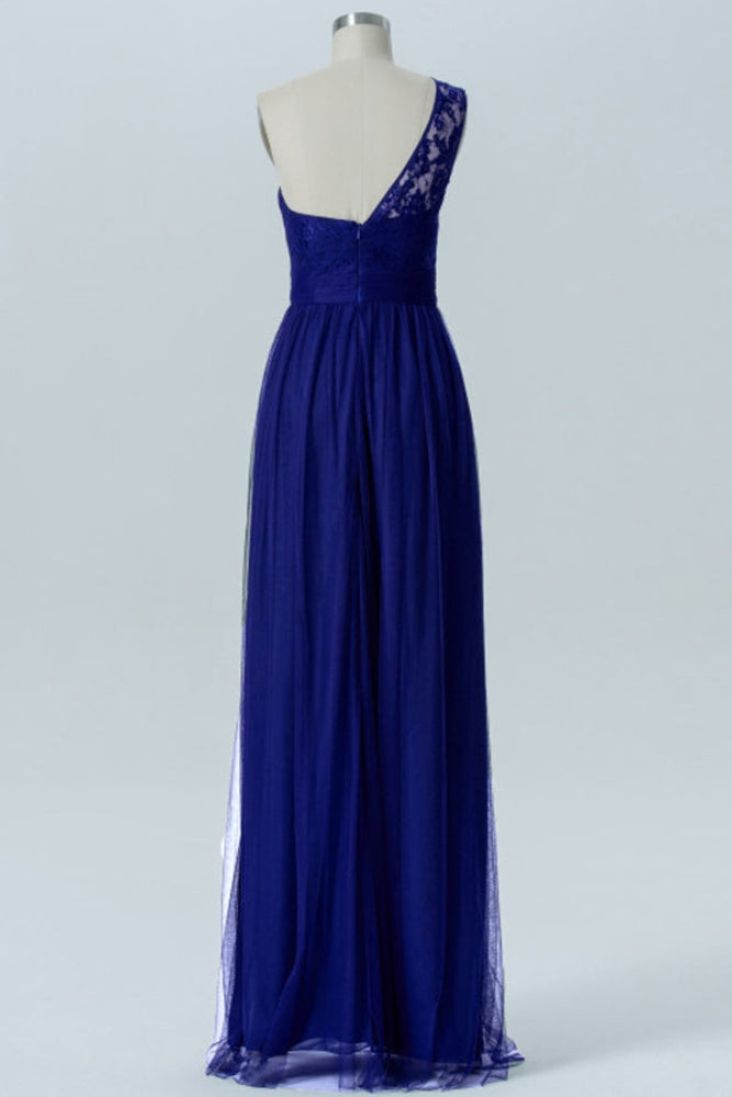 Purple One Shoulder Lace Long Bridesmaid Dress