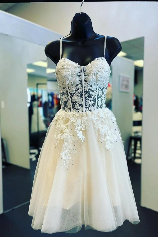 Ivory Spaghetti Straps Appliques Tulle Homecoming Dress