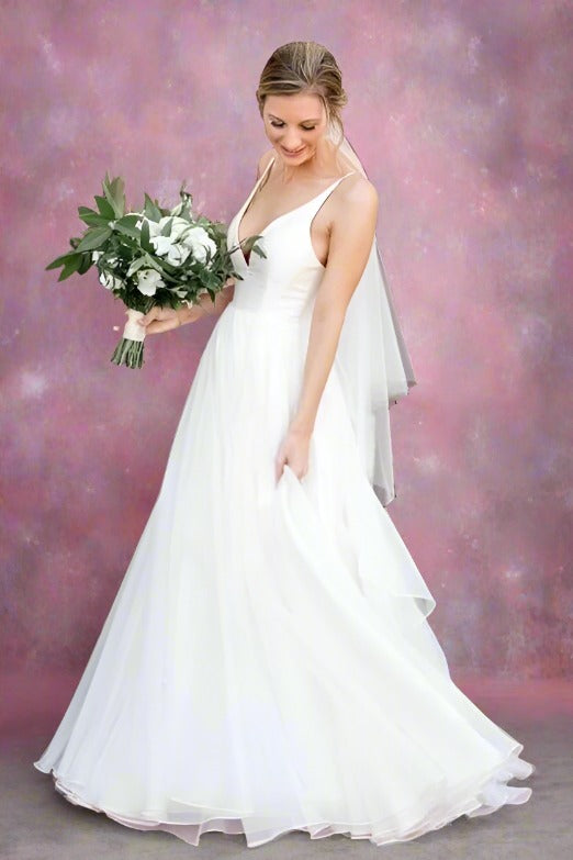 Ivory Straps V-Neck Tulle Ruffle Wedding Dress