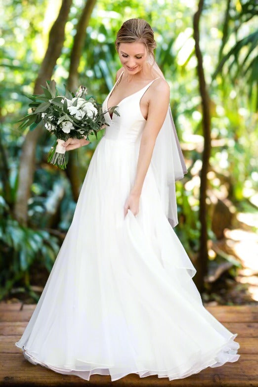 White Beading A-Line Long Bridal Dress with Open Back