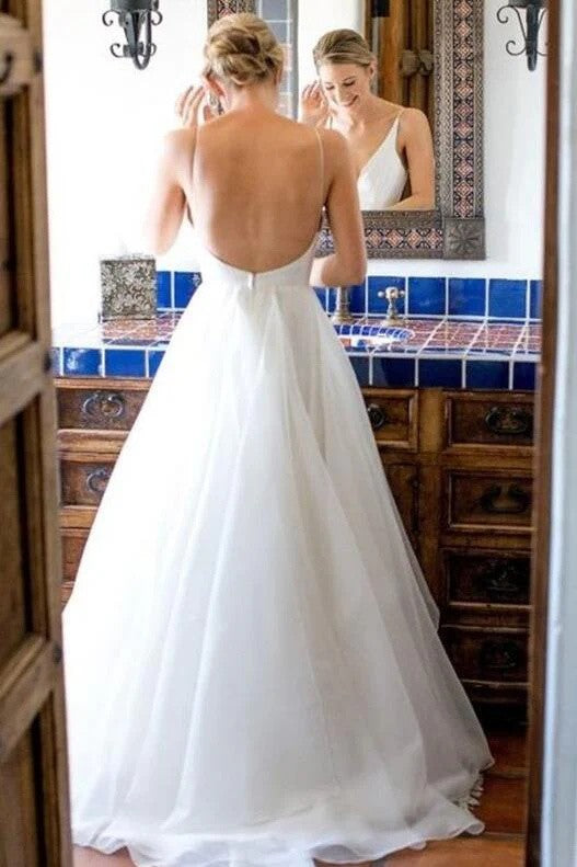 Ivory Straps V-Neck Tulle Ruffle Wedding Dress