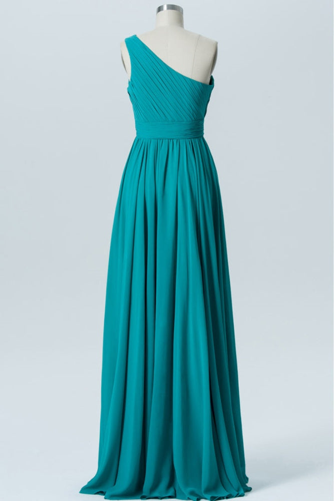 Turquoise One Shoulder Ruffle Bridesmaid Dress with Slit Movousdress Turquoise One Shoulder Ruffle Bridesmaid Dress with Slit Movousdress