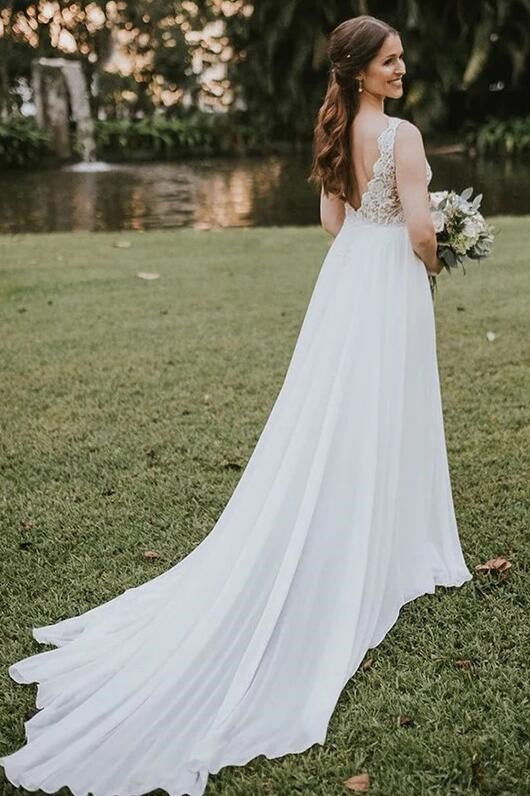 Ivory V-Neck Lace A-Line Long Bridal Dress