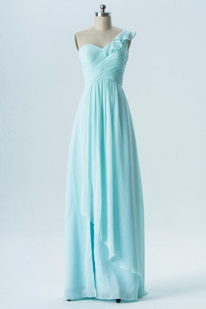 Mint Blue One Shoulder Chiffon Bridesmaid Dress – Movousdress