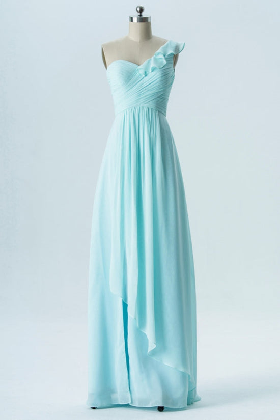 Mint Blue One Shoulder Chiffon Bridesmaid Dress